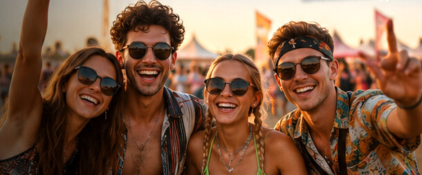 A group of young adult festival-goers enjoying a festival together